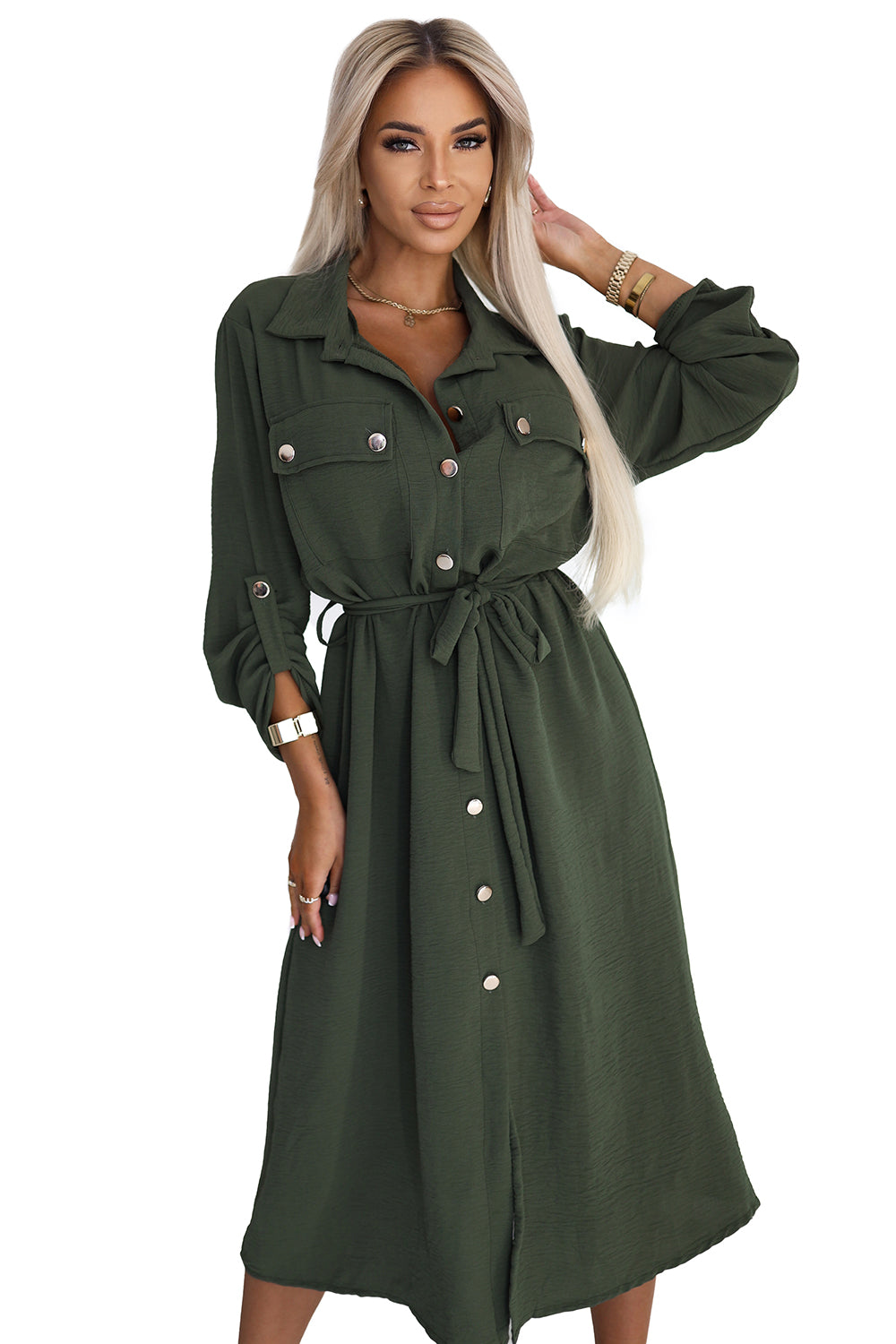 Numoco Basic 531-5 Midi Shirt Dress with Gold Buttons and Tie - KHAKI-5