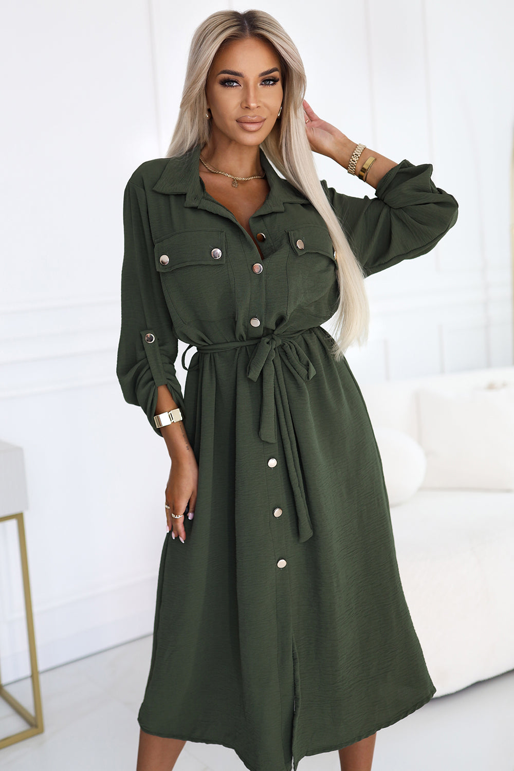 Numoco Basic 531-5 Midi Shirt Dress with Gold Buttons and Tie - KHAKI-0