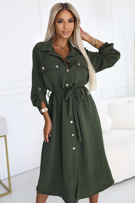 Numoco Basic 531-5 Midi Shirt Dress with Gold Buttons and Tie - KHAKI-0