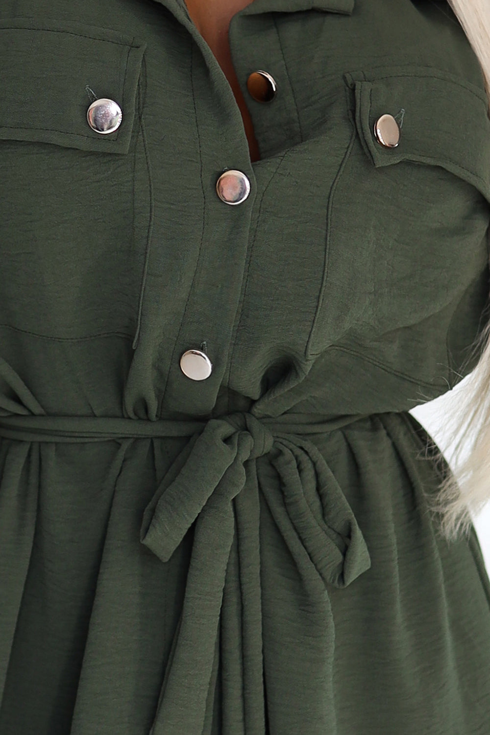 Numoco Basic 531-5 Midi Shirt Dress with Gold Buttons and Tie - KHAKI-4