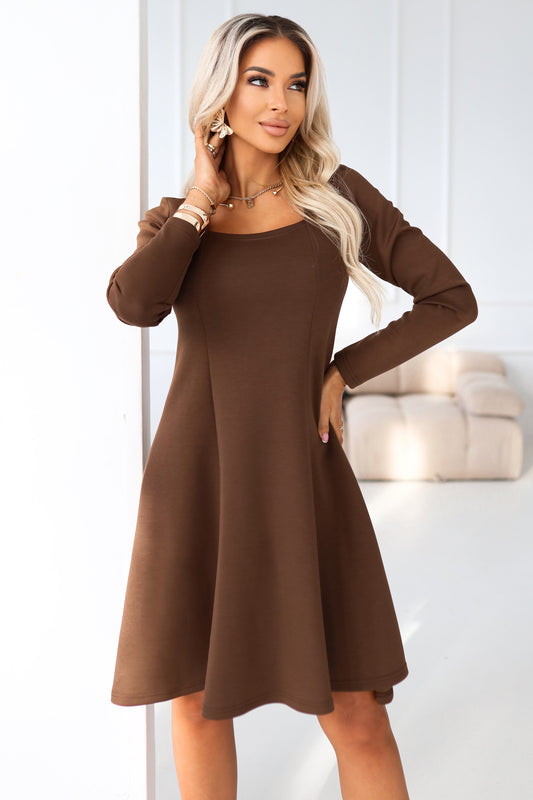 Numoco 574-2 IVANA comfortable trapeze dress with a neckline and long sleeves - chocolate-0